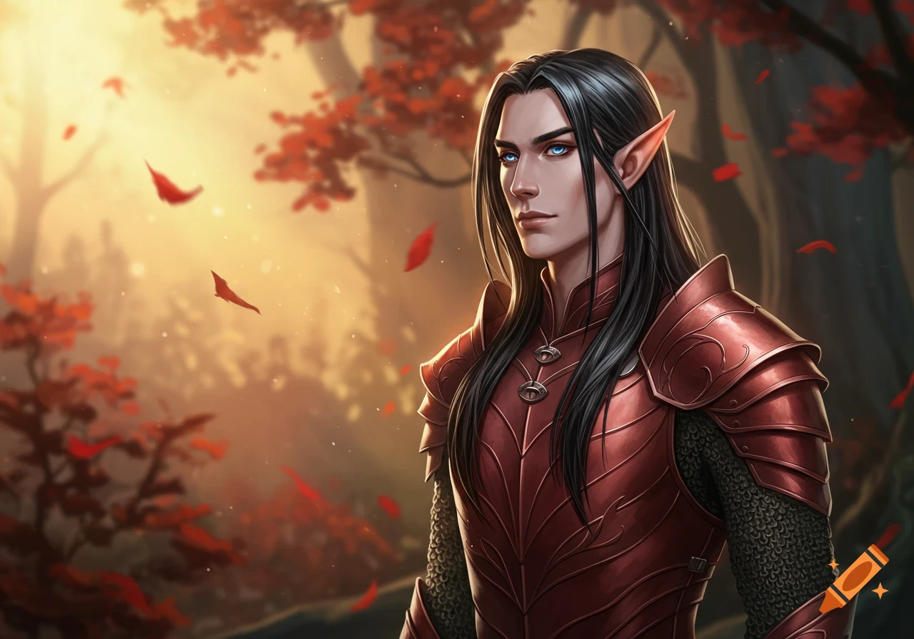 A pale elf male with long black hair and blue eyes, wearing reddish armor in a golden forest with falling red leaves, digital painting.