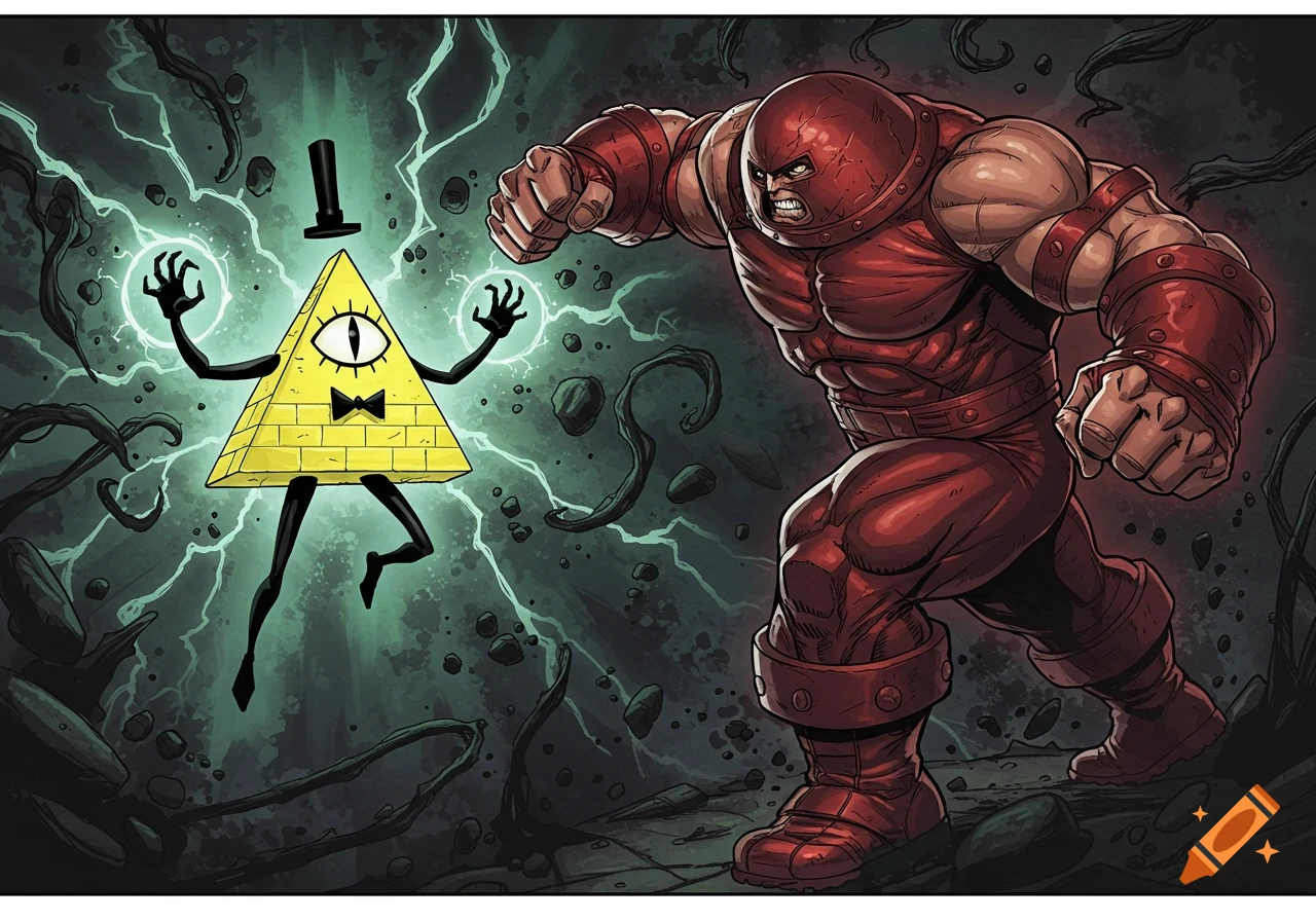 Comic book style illustration of Bill Cipher and Juggernaut clashing, surrounded by green lightning and dark tendrils.