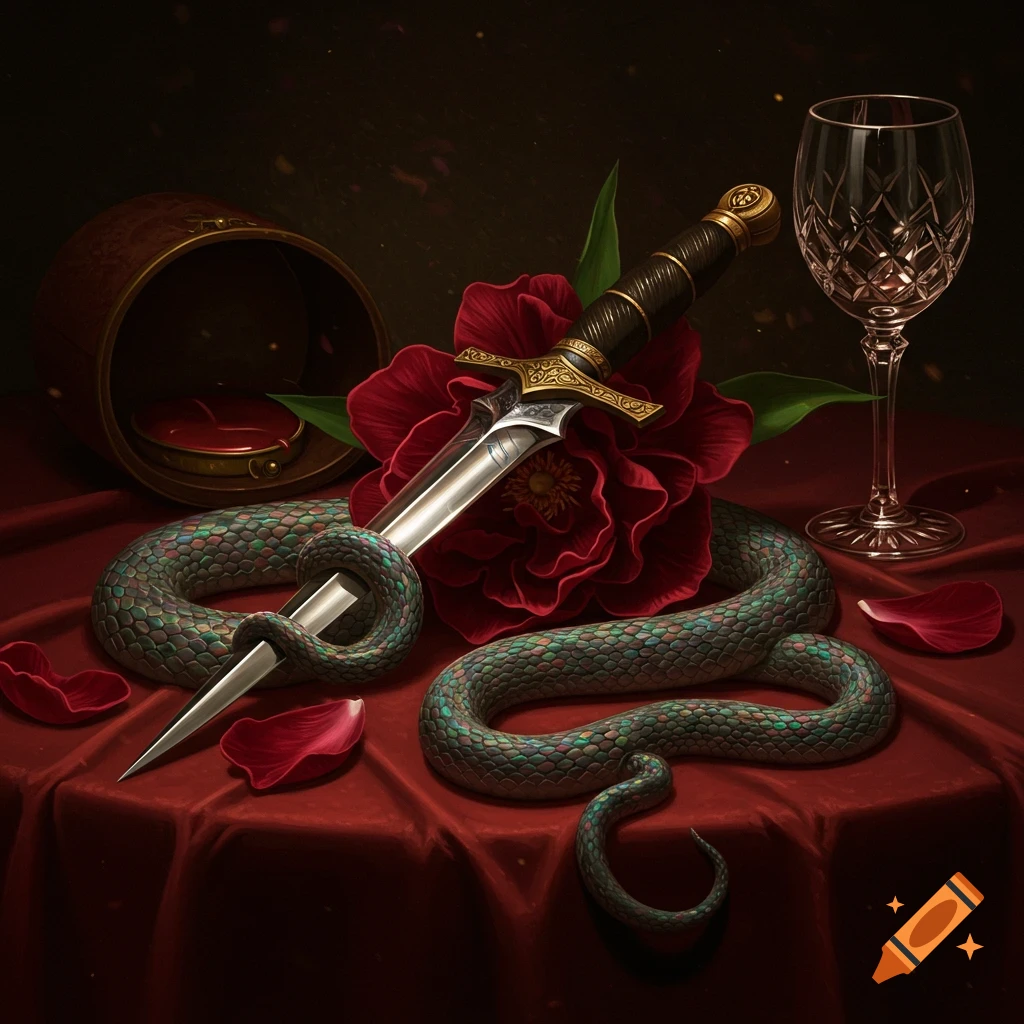 A dagger, snake, and red rose on a red tablecloth with a wine glass and container of red liquid.