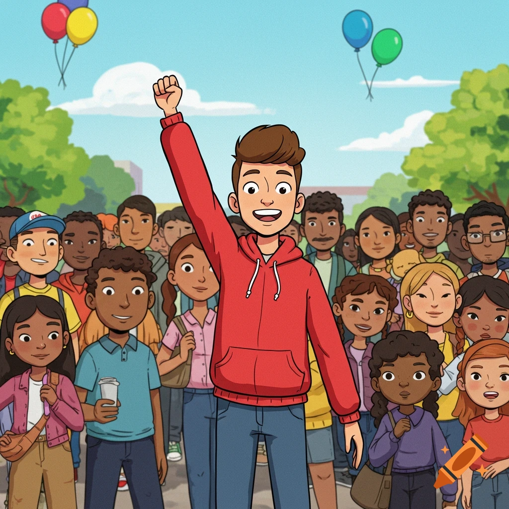 A cartoon illustration of a young person in a red hoodie raising their fist while standing in a diverse crowd outdoors.