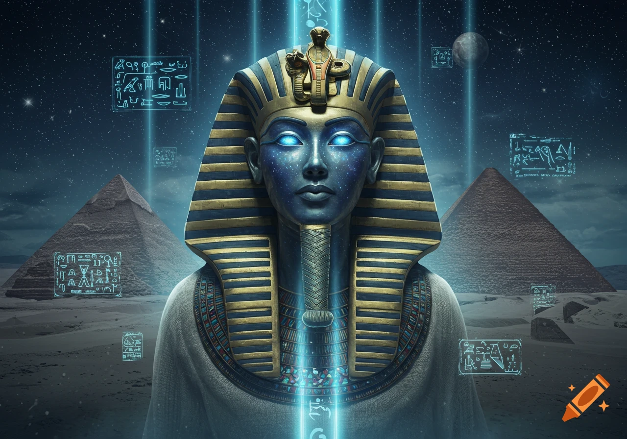 A cosmic pharaoh bust with glowing blue eyes and gold headwear stands before pyramids under a starry night sky with alien glyphs and light beams.