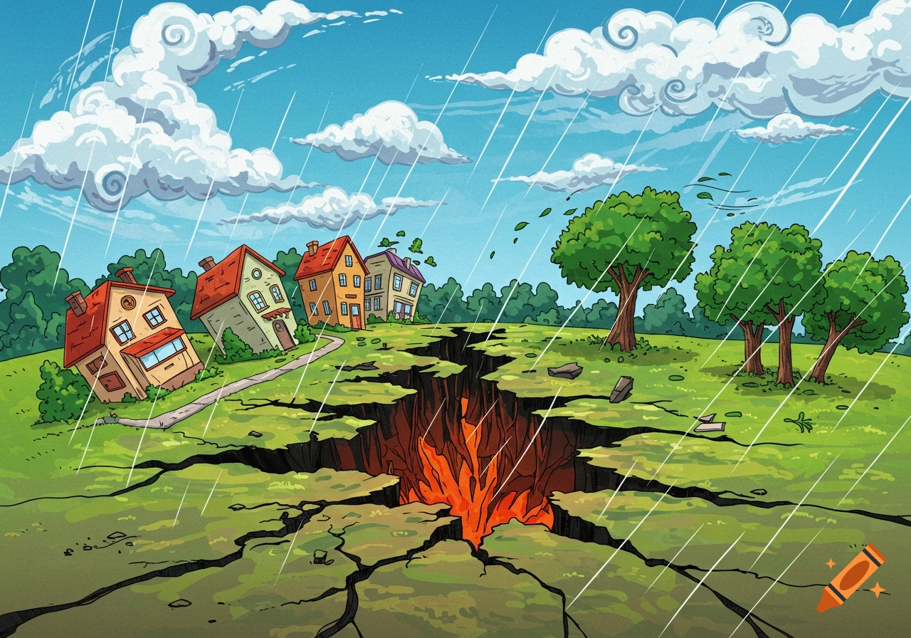 A cartoon illustration of an earthquake with a large fiery fissure splitting the ground, causing houses to lean and rain to fall.