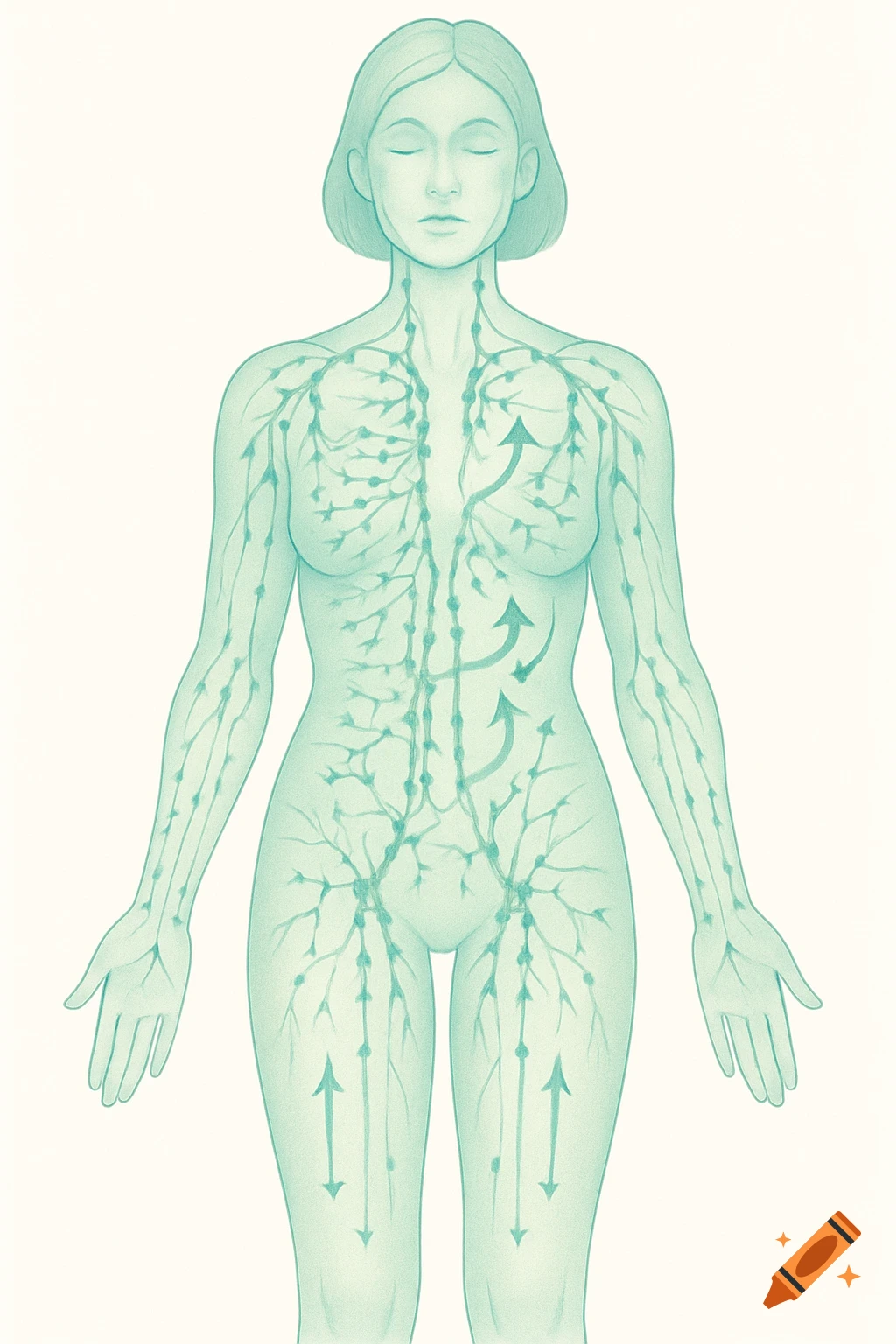 Educational anatomical illustration of a female figure showing the lymphatic system and lymph flow in soft green and blue tones.