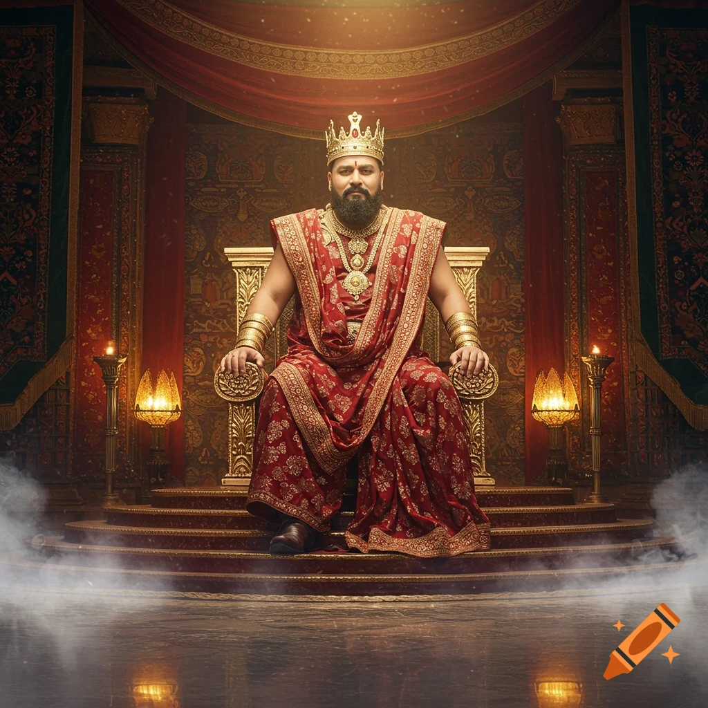 A majestic bearded king in elaborate red and gold robes and a crown sits on a golden throne in a grand hall with dramatic lighting and mist.
