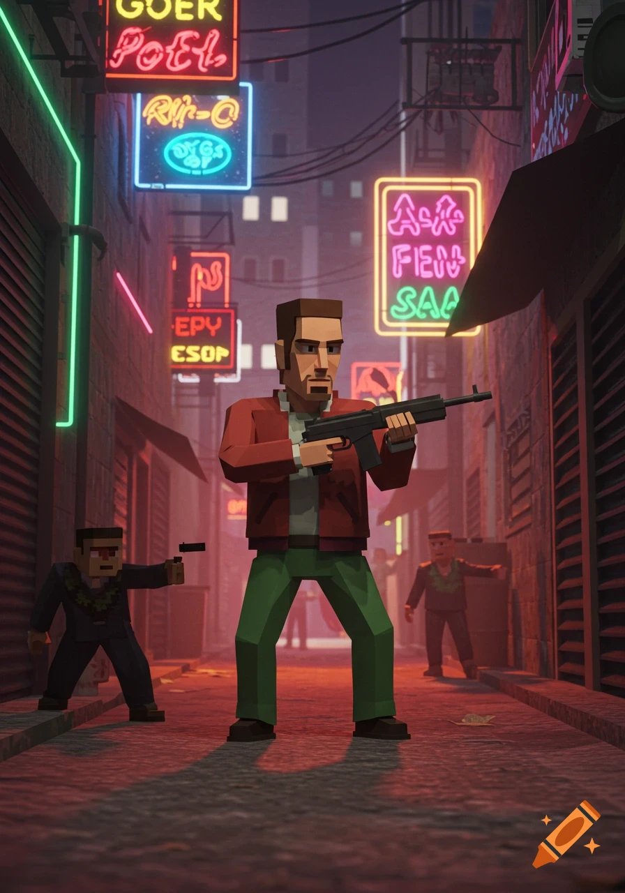 Low-poly characters in a stylized alleyway with neon signs. A man in a red jacket and green pants holds a rifle, while another aims a pistol.