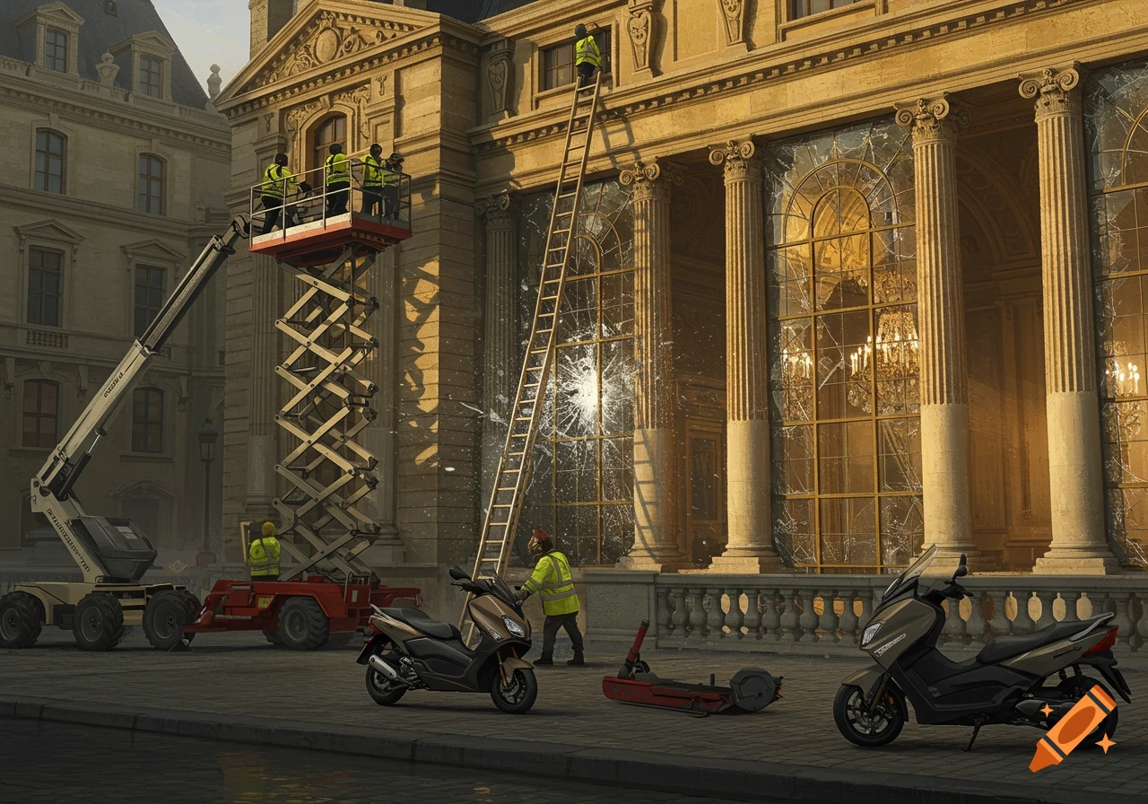 People in yellow vests stage a heist at a grand museum-like building, breaking a large window with a ladder and using a scissor lift. Two scooters are parked nearby.