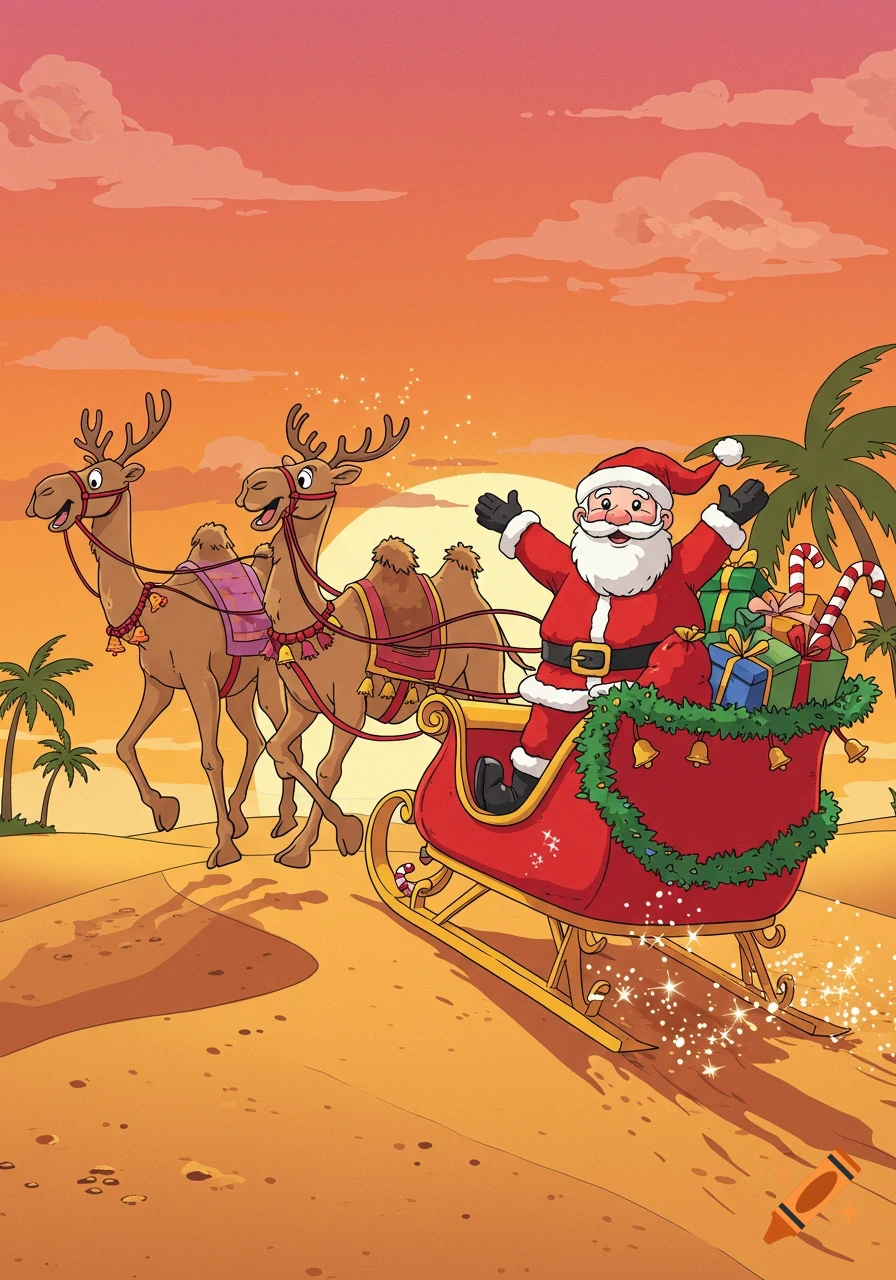 Cartoon Santa Claus in a sleigh pulled by two camels with antlers through a desert at sunset, with palm trees.