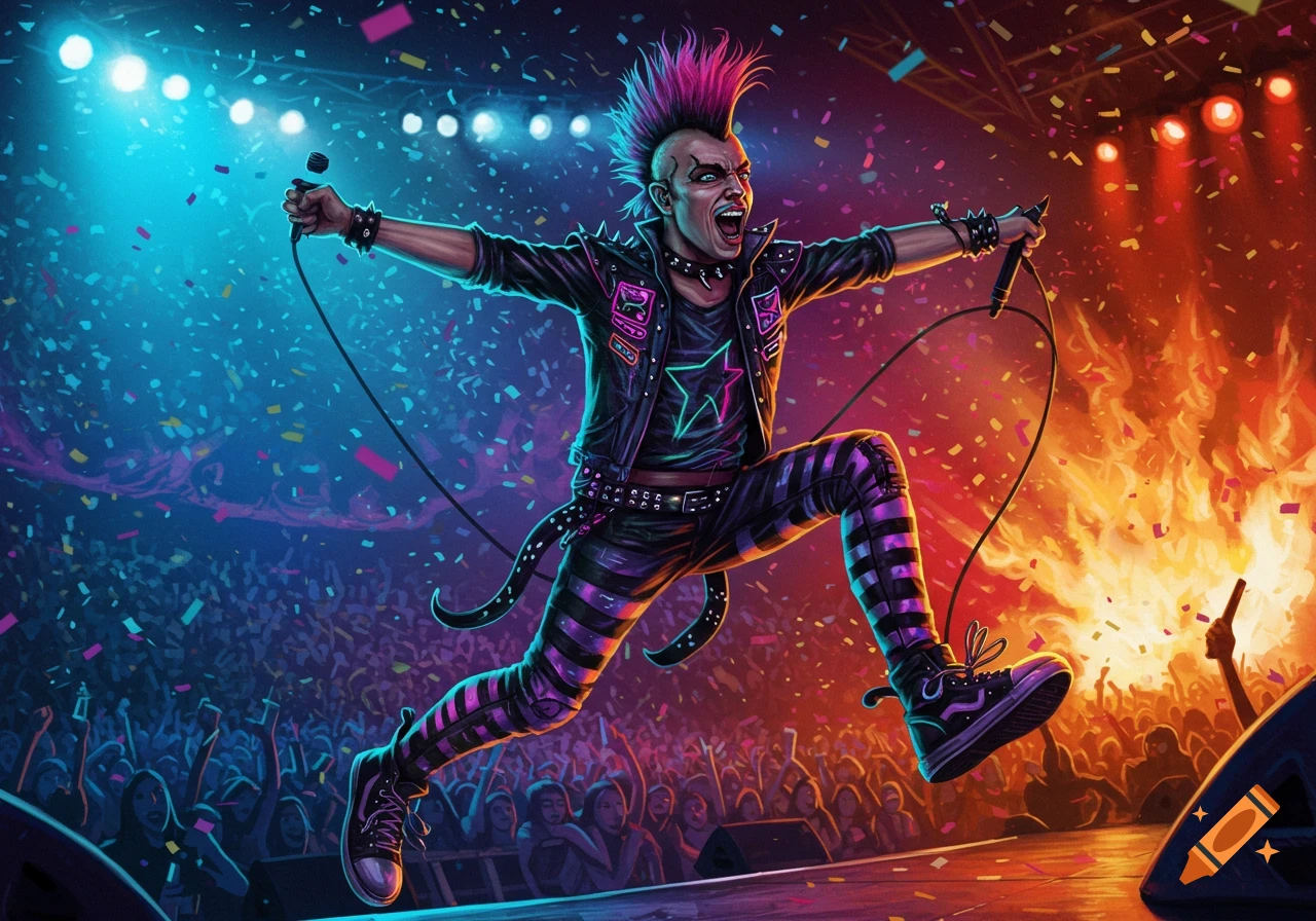 A vibrant illustration of a punk rock singer with a pink mohawk jumping on stage, holding a microphone amidst confetti and a cheering crowd.