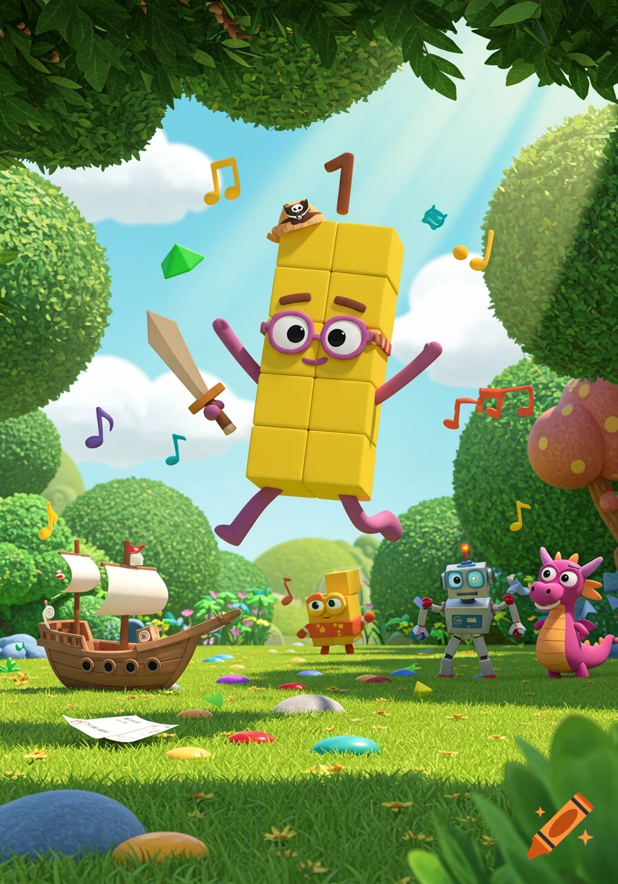 A cheerful yellow block character with glasses and a sword floats above a grassy field with a pirate ship, robot, dragon, and musical notes in a bright cartoon style.