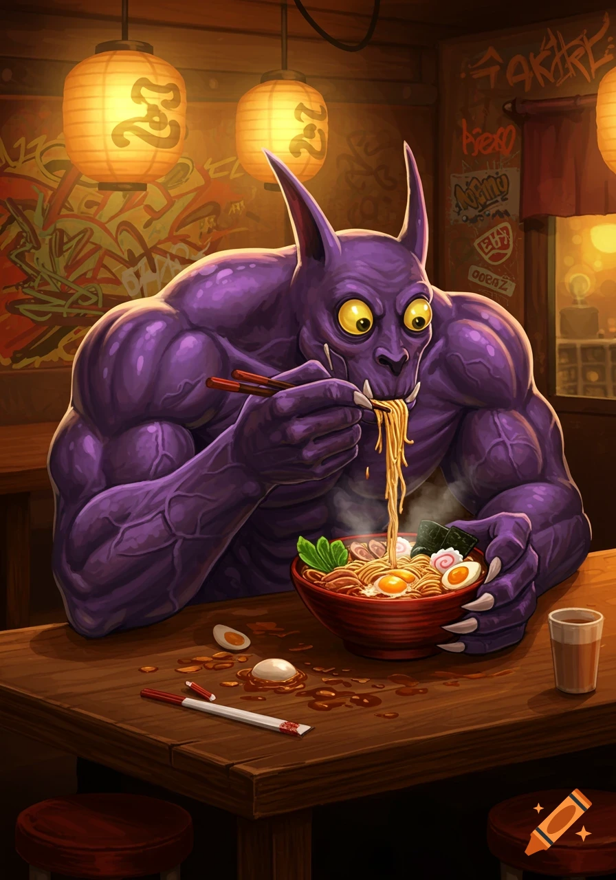 A muscular purple monster resembling The Maxx character sits at a wooden table, intently eating a large bowl of ramen with chopsticks in a dimly lit, graffiti-covered restaurant.