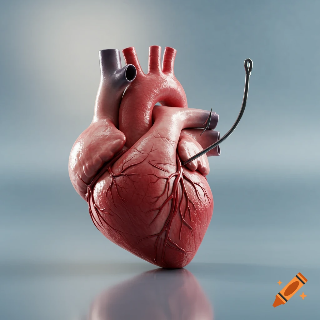 A realistic anatomical heart is pierced by a metal fish hook, standing on a reflective gray surface.