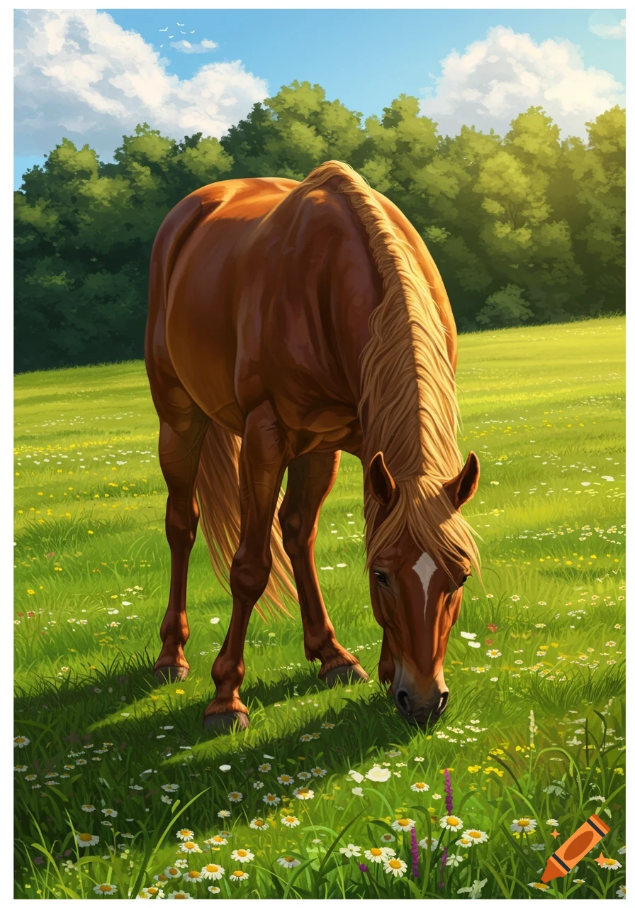 An illustrative brown horse with a blonde mane grazes in a sunny green meadow filled with wildflowers under a blue sky.