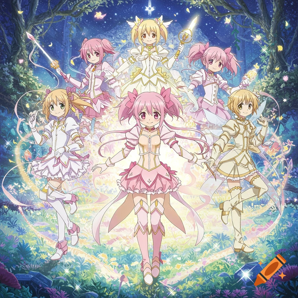 Six anime magical girl characters in pink and white outfits, some with weapons, in a glowing fantasy forest.