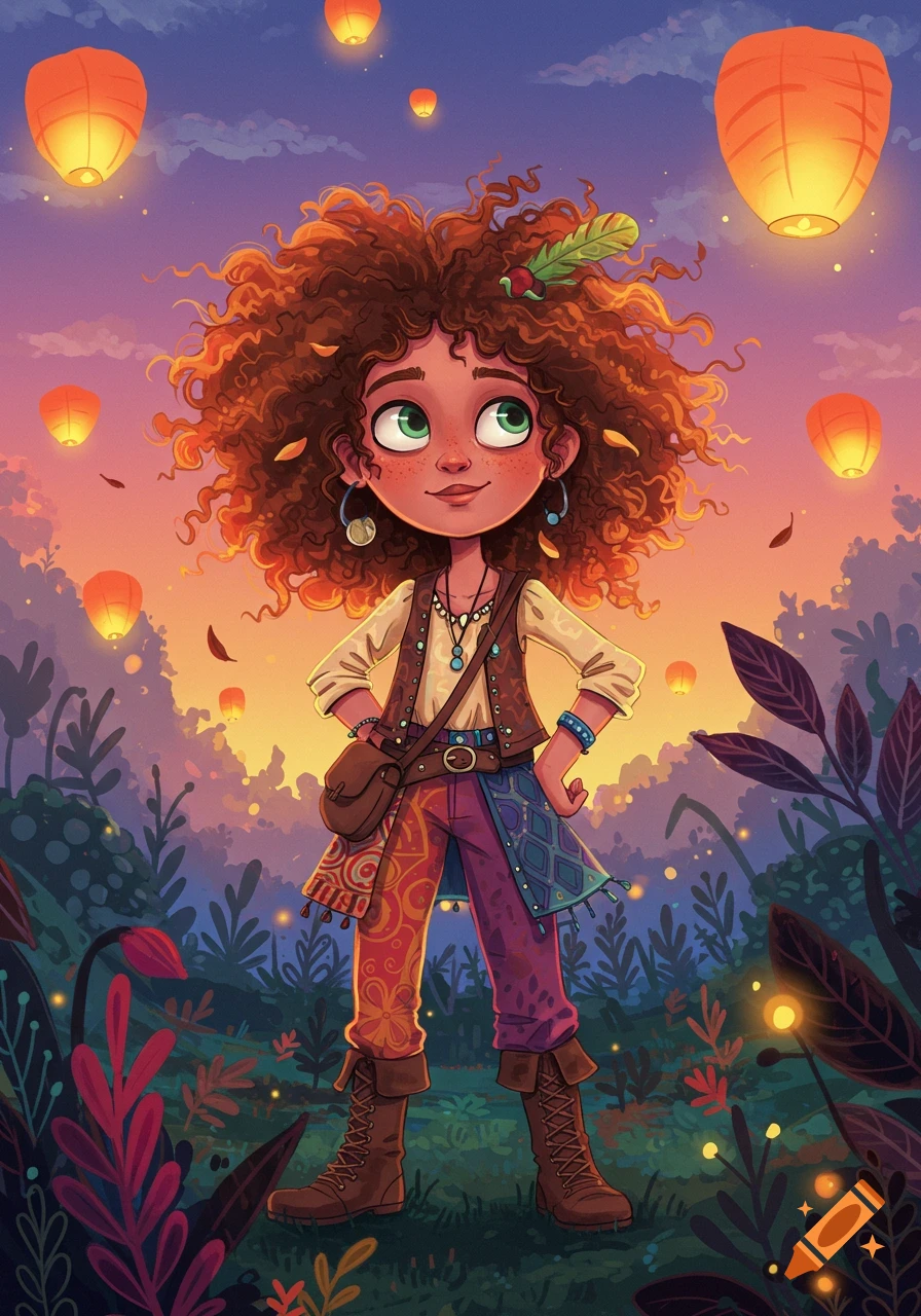 A cheerful, curly-haired girl in a colorful outfit stands in an enchanted forest at sunset, with glowing sky lanterns floating above.
