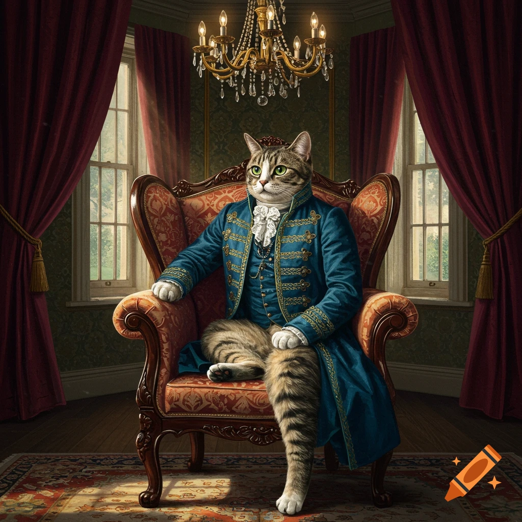 A tabby cat in a blue historical coat and ruffled jabot sits regally on an ornate armchair in a grand room with red curtains and a chandelier.