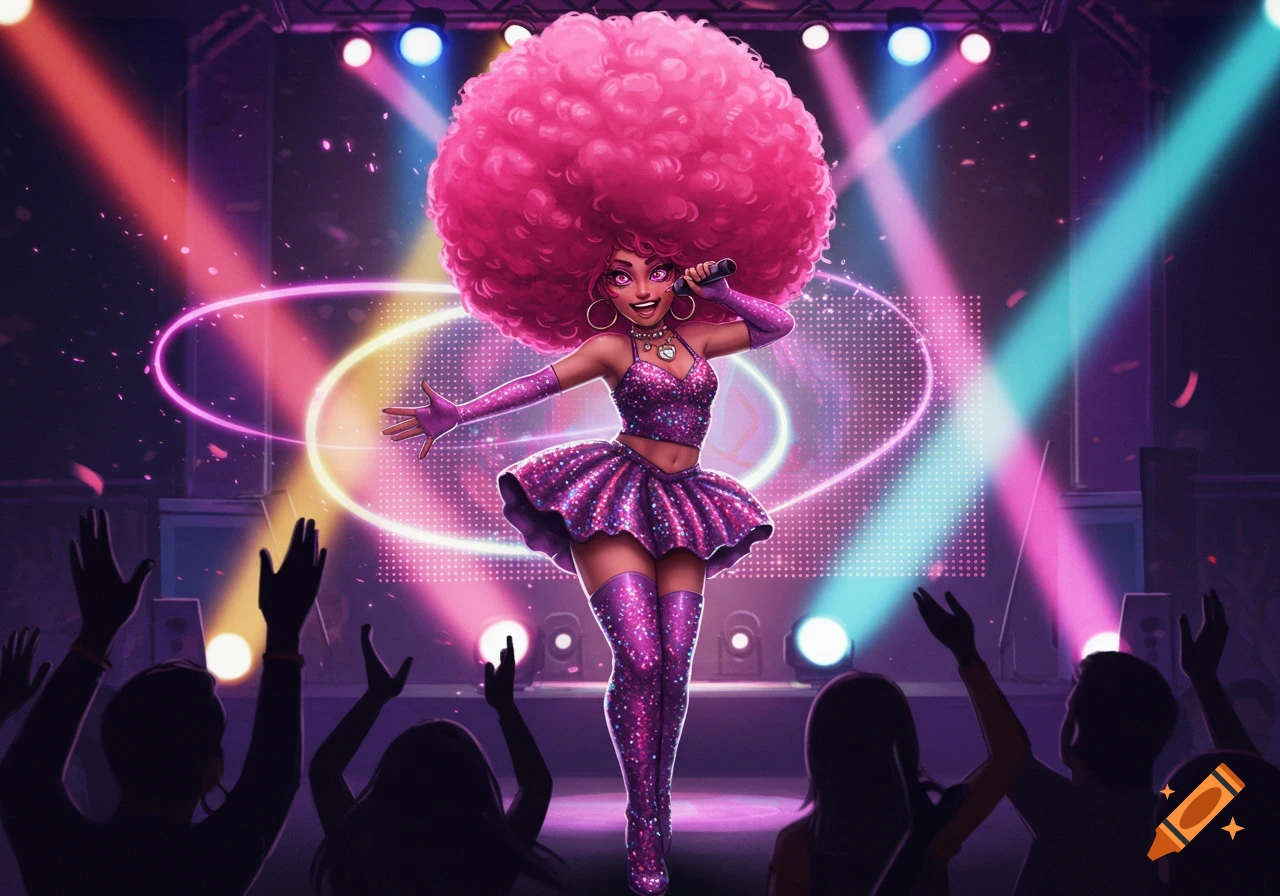 An anime-style female singer with a huge pink afro and a sparkly outfit performs on a vibrant stage under spotlights, with a silhouetted audience.