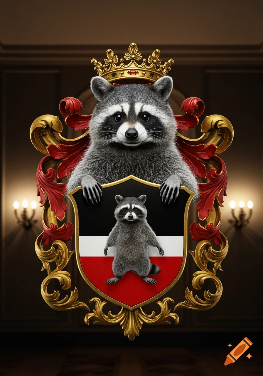 A photorealistic raccoon wearing a gold crown stands behind an ornate gold and red shield, which features a smaller raccoon against a black, white, and red striped background.