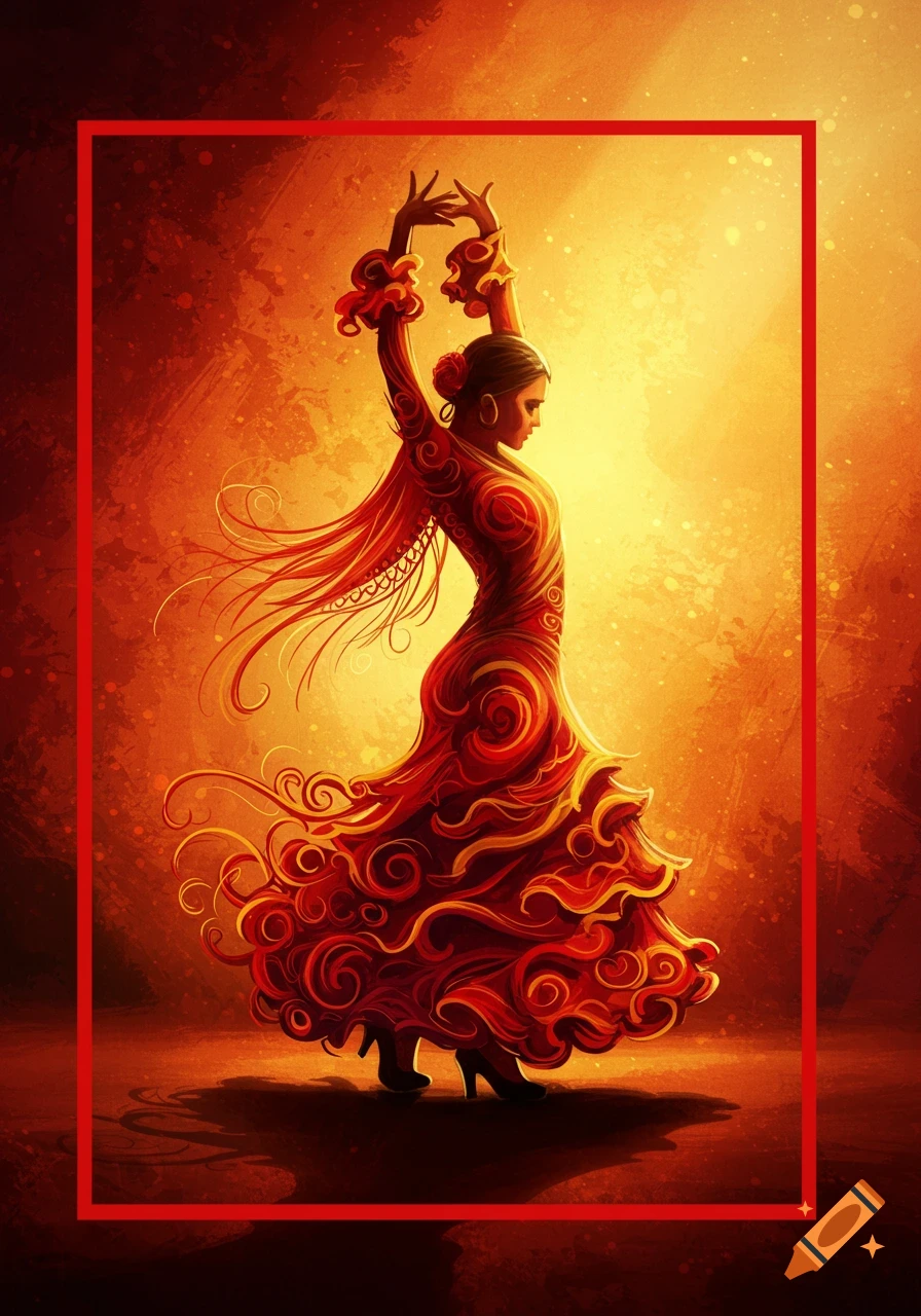 A stylized Spanish dancer in a flowing red dress with swirling patterns, arms raised, against a fiery orange and red background.