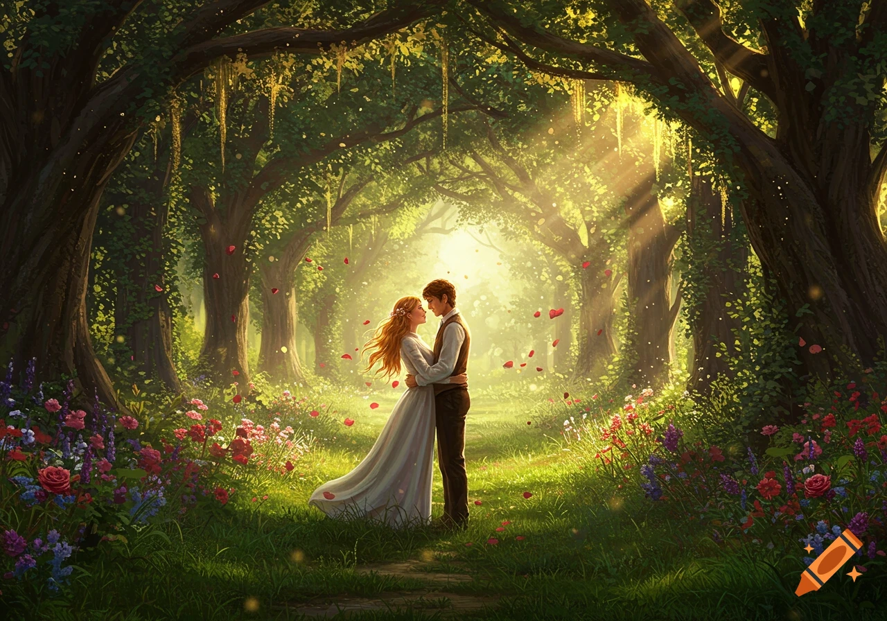 A romantic couple embraces in a sunlit, enchanted forest filled with vibrant flowers and falling rose petals, in an illustrated style.