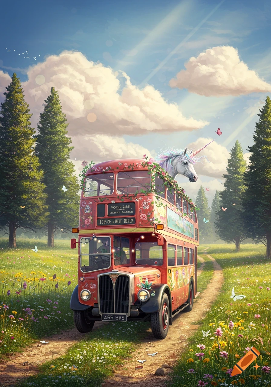 A white unicorn with a rainbow mane peeks from the top of a red, flower-decorated double-decker bus on a dirt path through a vibrant green meadow under a blue sky.