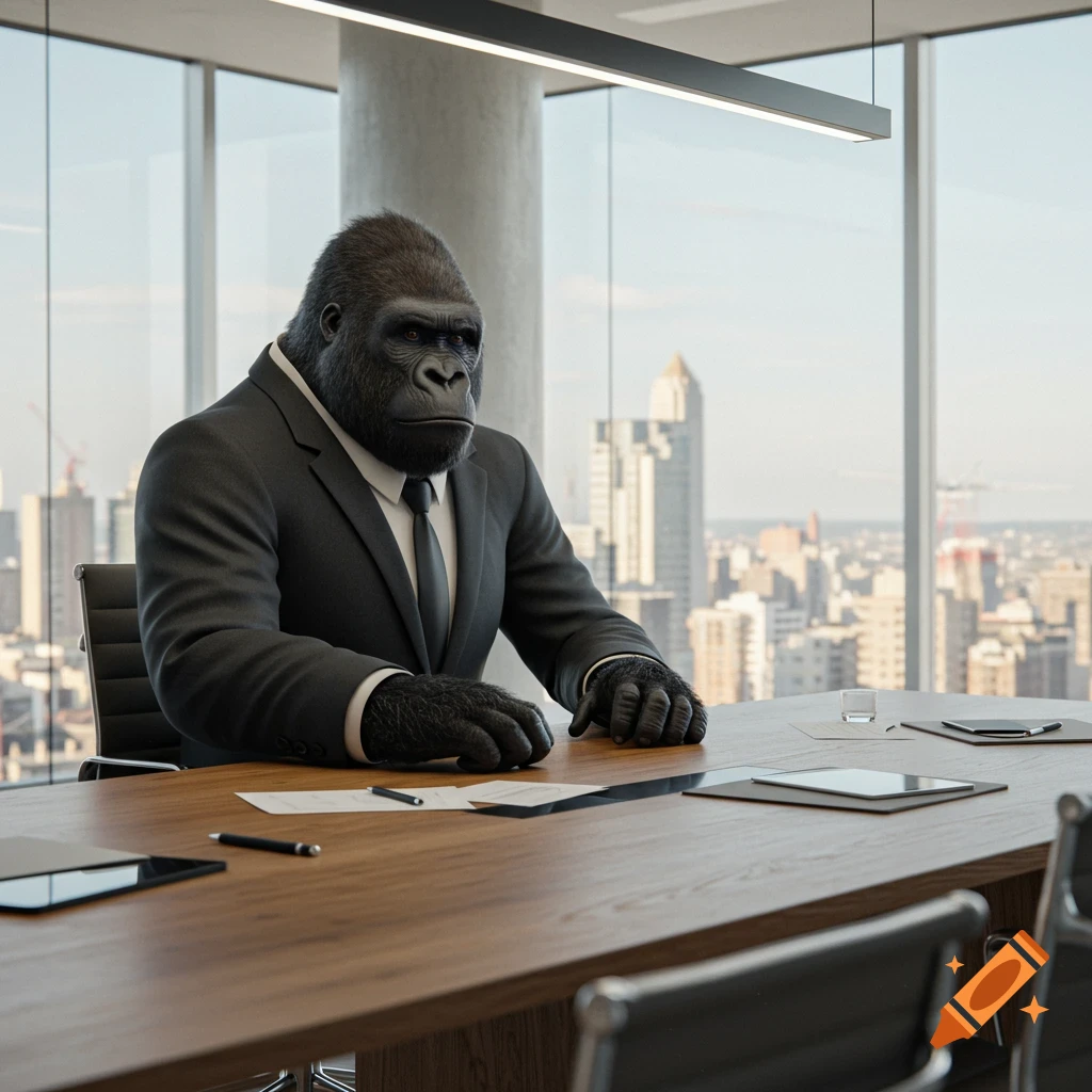 A realistic 3D image of a gorilla in a business suit sitting at a large wooden conference table in a modern office with city views.