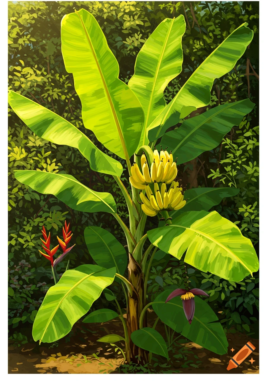 Illustrative painting of a vibrant green banana plant with ripe yellow bananas, red and purple tropical flowers, in a sunlit jungle.