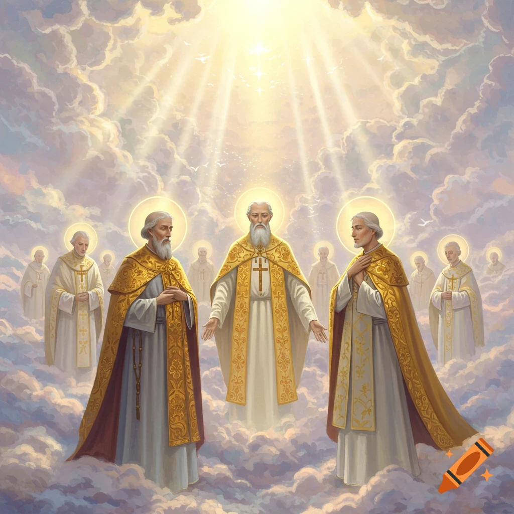 Multiple elderly saints with halos and golden robes stand on clouds under divine light in a classical painting style.