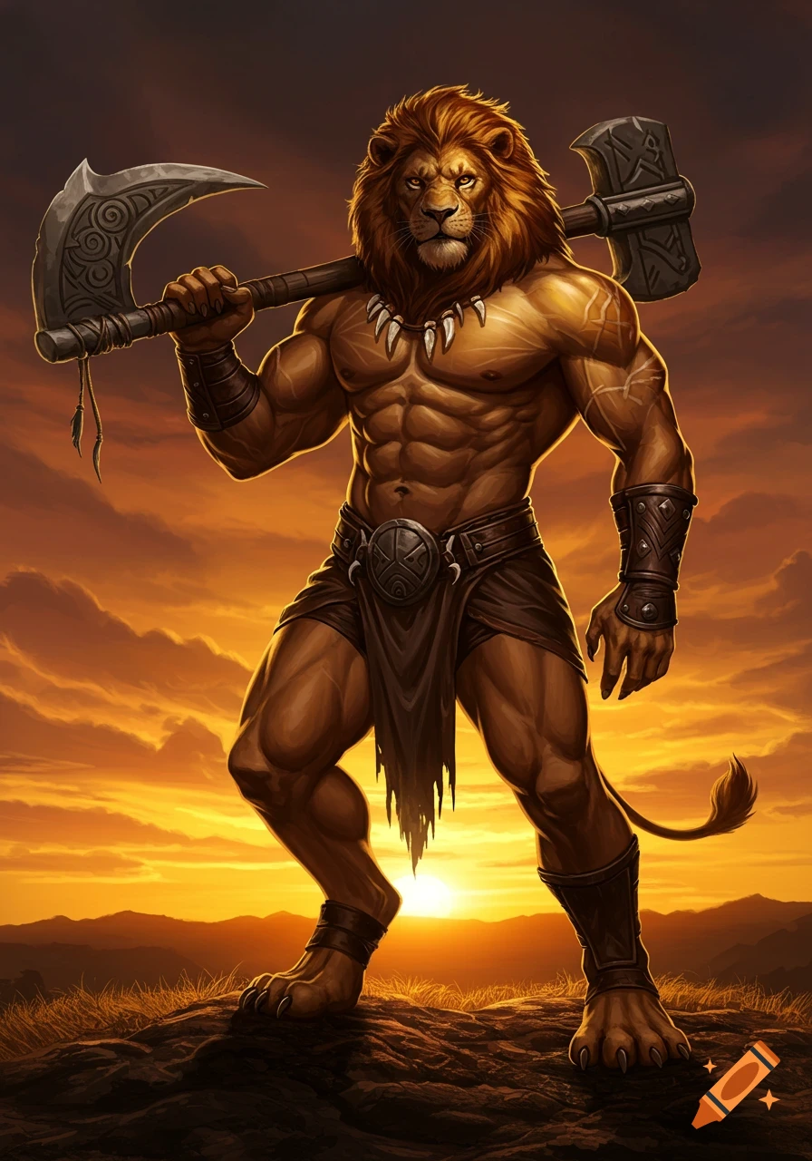A muscular anthropomorphic lion warrior with an axe and hammer over his shoulders stands on a hill at sunset.