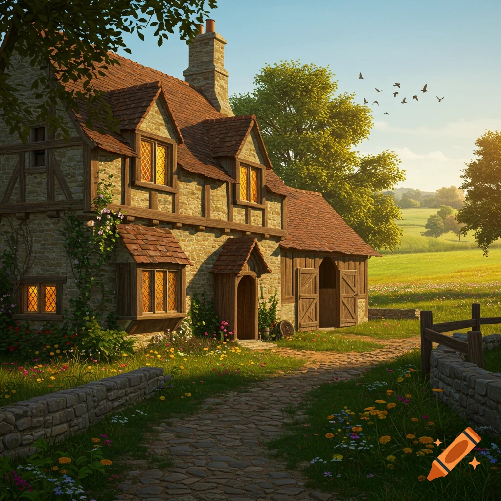 A charming stone cottage with a red tiled roof, a cobblestone path, surrounded by green fields and wildflowers under a sunny sky.