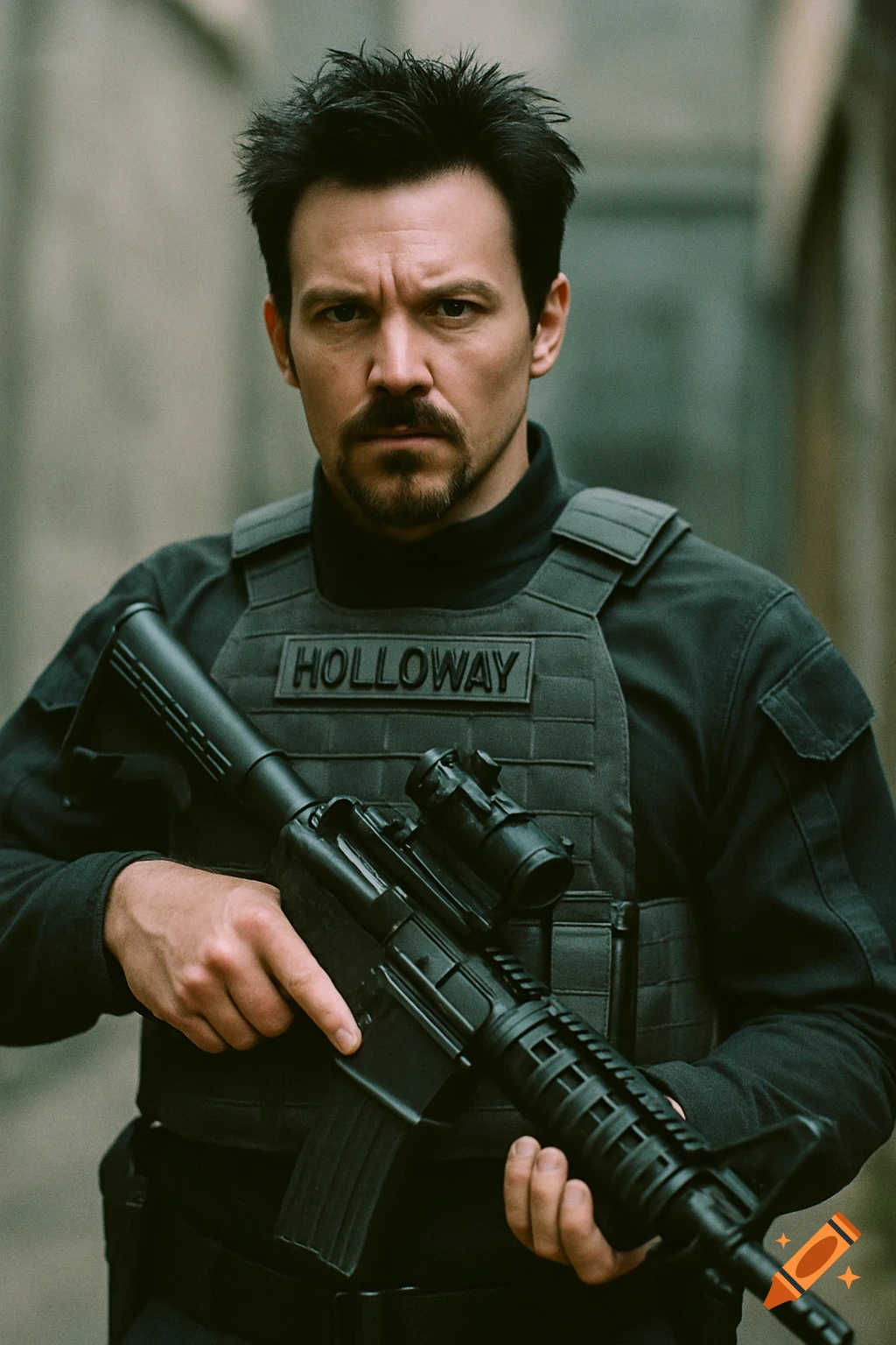 Photorealistic portrait of a man with disheveled black hair and goatee in tactical gear, holding an M4 rifle.