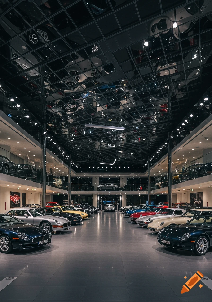 A vast, modern car showroom with a mirrored ceiling, displaying many luxury sports cars in rows on the ground and on upper levels.