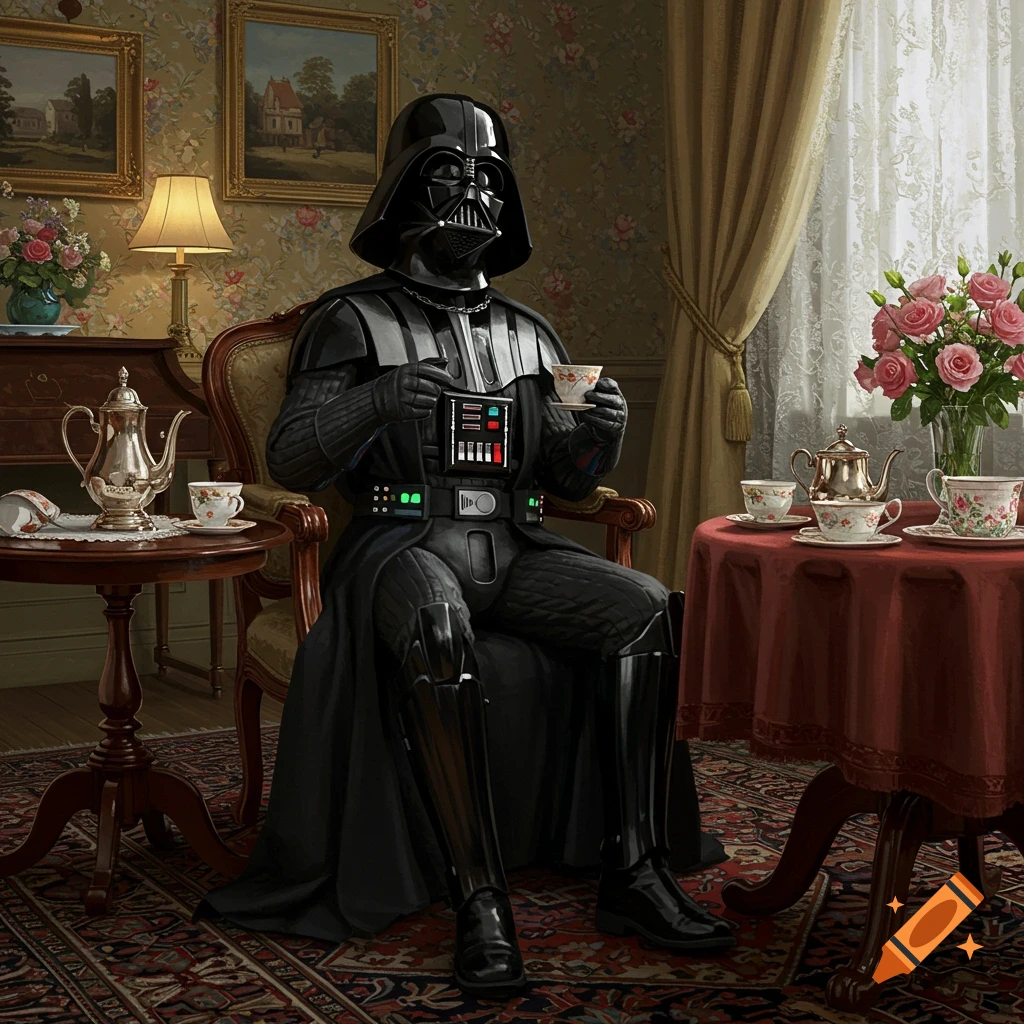 Darth Vader sits in a lavish Victorian-style room, holding a delicate teacup with a teapot and roses on tables nearby. Photorealistic style.
