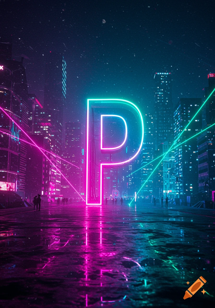Giant neon letter P glowing pink and blue in a futuristic cyberpunk city street at night, reflected on wet ground.