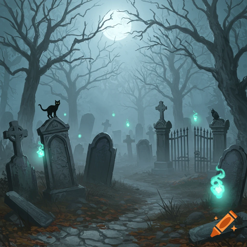 A spooky, foggy graveyard at night with bare trees, a full moon, glowing green wisps, and black cats on weathered tombstones, in an illustrated style.