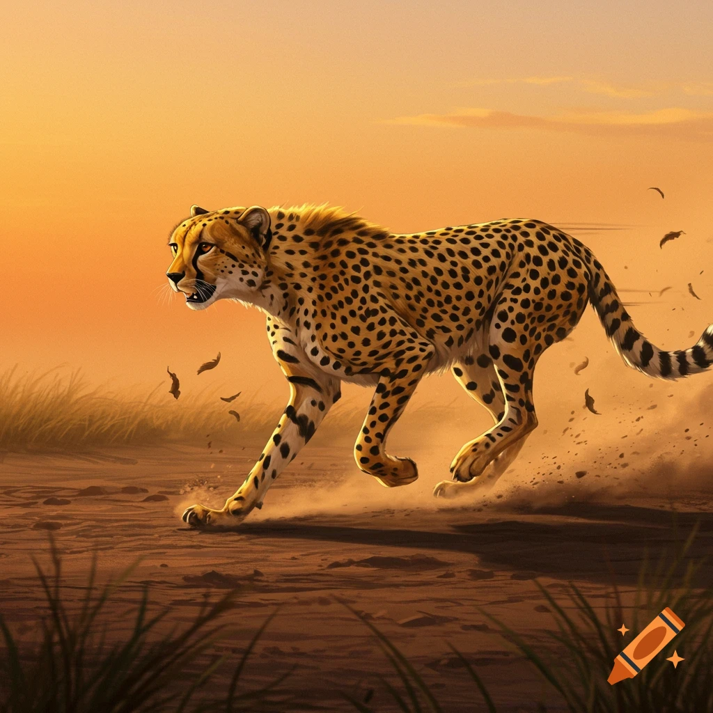 A powerful cheetah runs across a dusty savanna at sunset, kicked-up dirt trailing behind it.