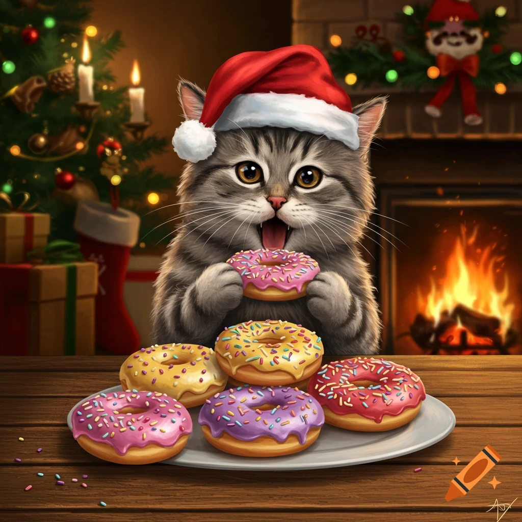 A fluffy grey tabby cat in a Santa hat happily eats a pink donut from a plate of colorful donuts, with a Christmas tree and fireplace behind it.