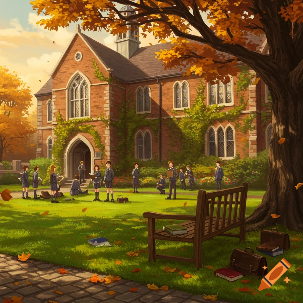 Illustrated scene of students in uniforms on a grassy lawn in front of a brick school building during autumn, with fallen leaves.