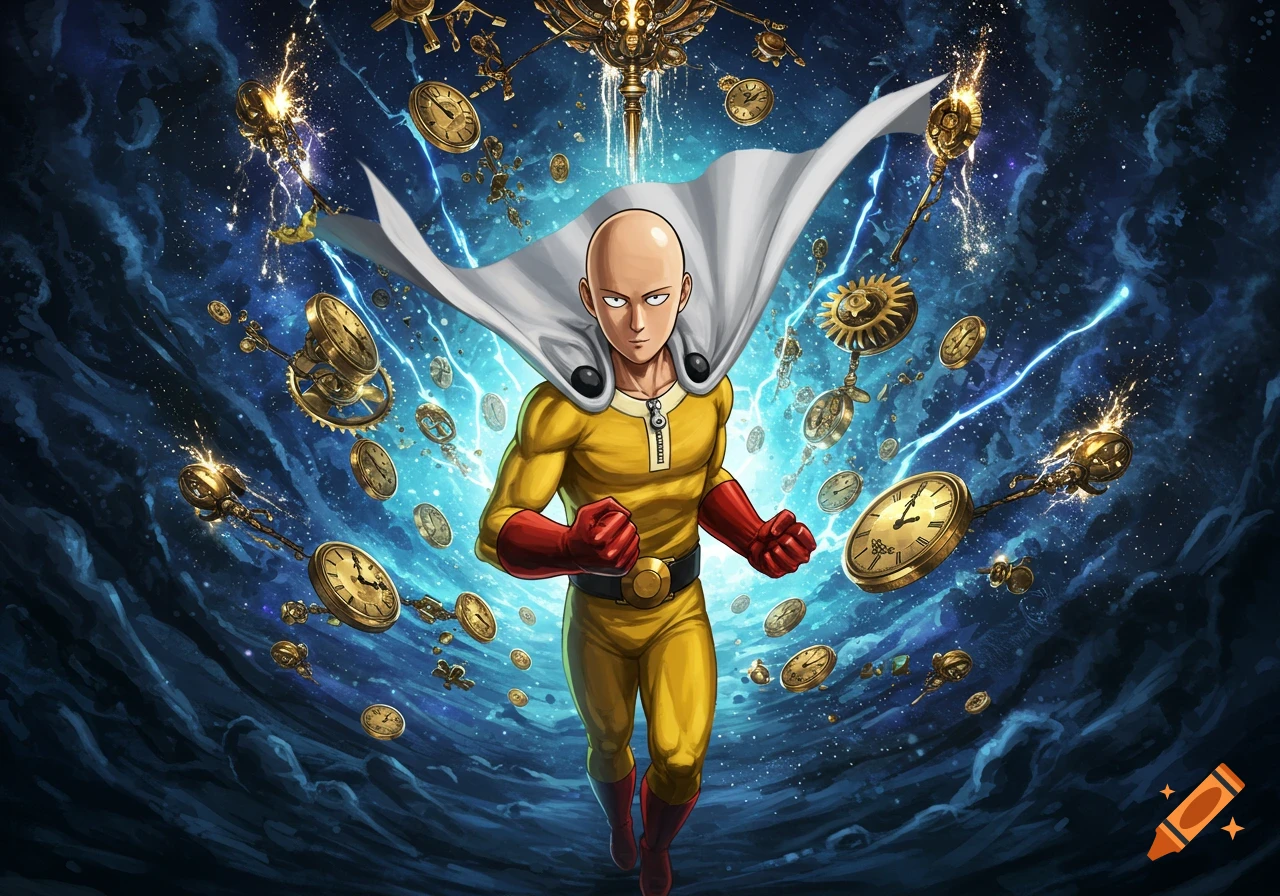 Saitama from One-Punch Man in his hero suit, running through a cosmic storm filled with golden clock mechanisms and blue lightning.