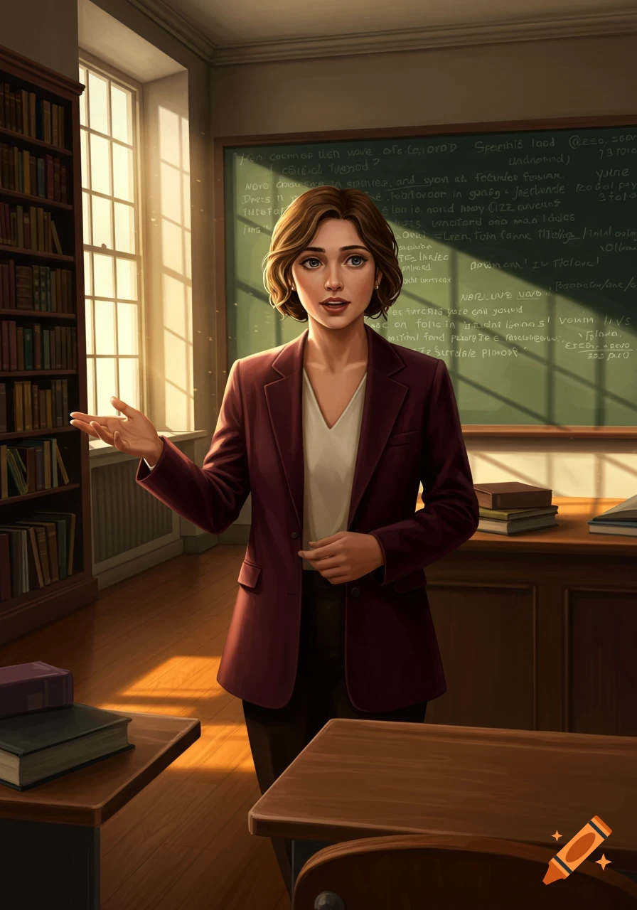 A woman in a maroon blazer teaches an ethics seminar in a sunlit classroom with a blackboard and bookshelves.