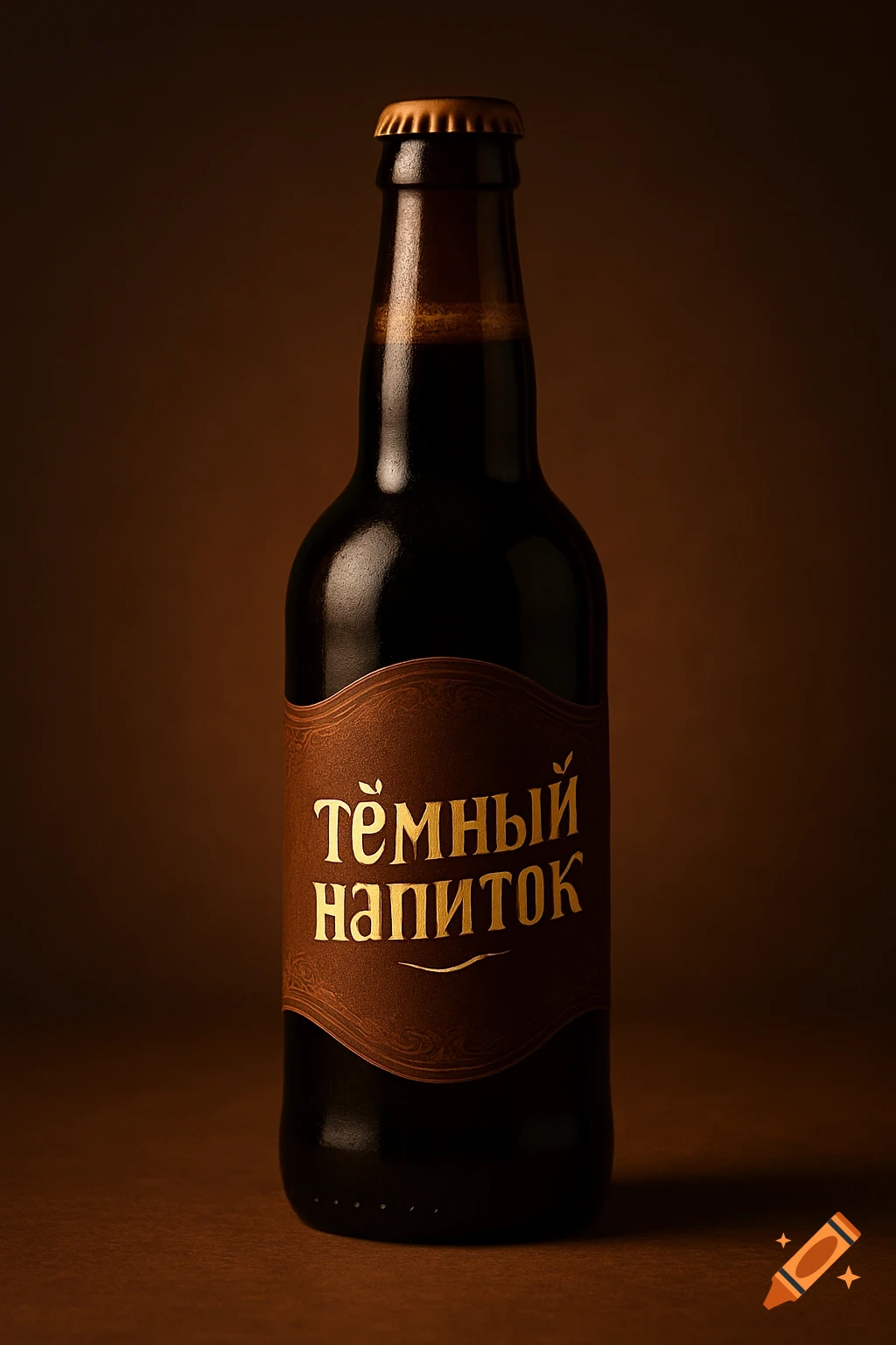 A photorealistic dark brown glass bottle with a golden crown cap and a chocolate-brown label with golden Cyrillic text 'Dark Drink' on a brown background.