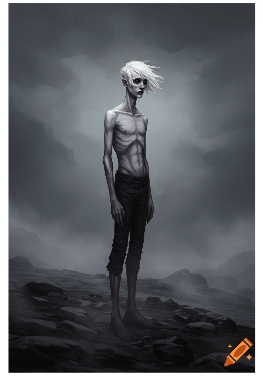 A gaunt, pale-skinned young man with white hair and dark sunken eyes stands on a desolate, rocky landscape under a dark, cloudy sky.