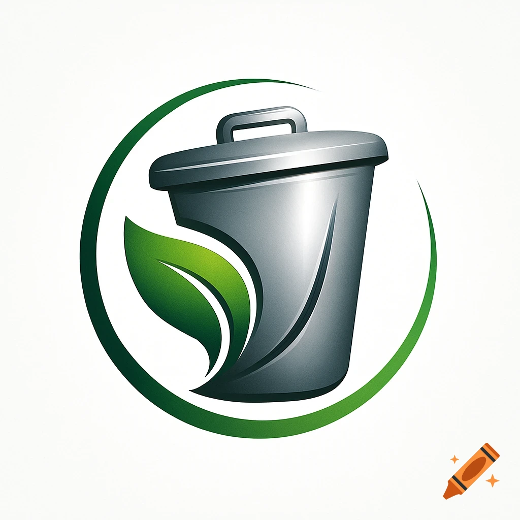 A logo featuring a grey trash bin with a green leaf in front, encircled by a green swoosh on a white background.