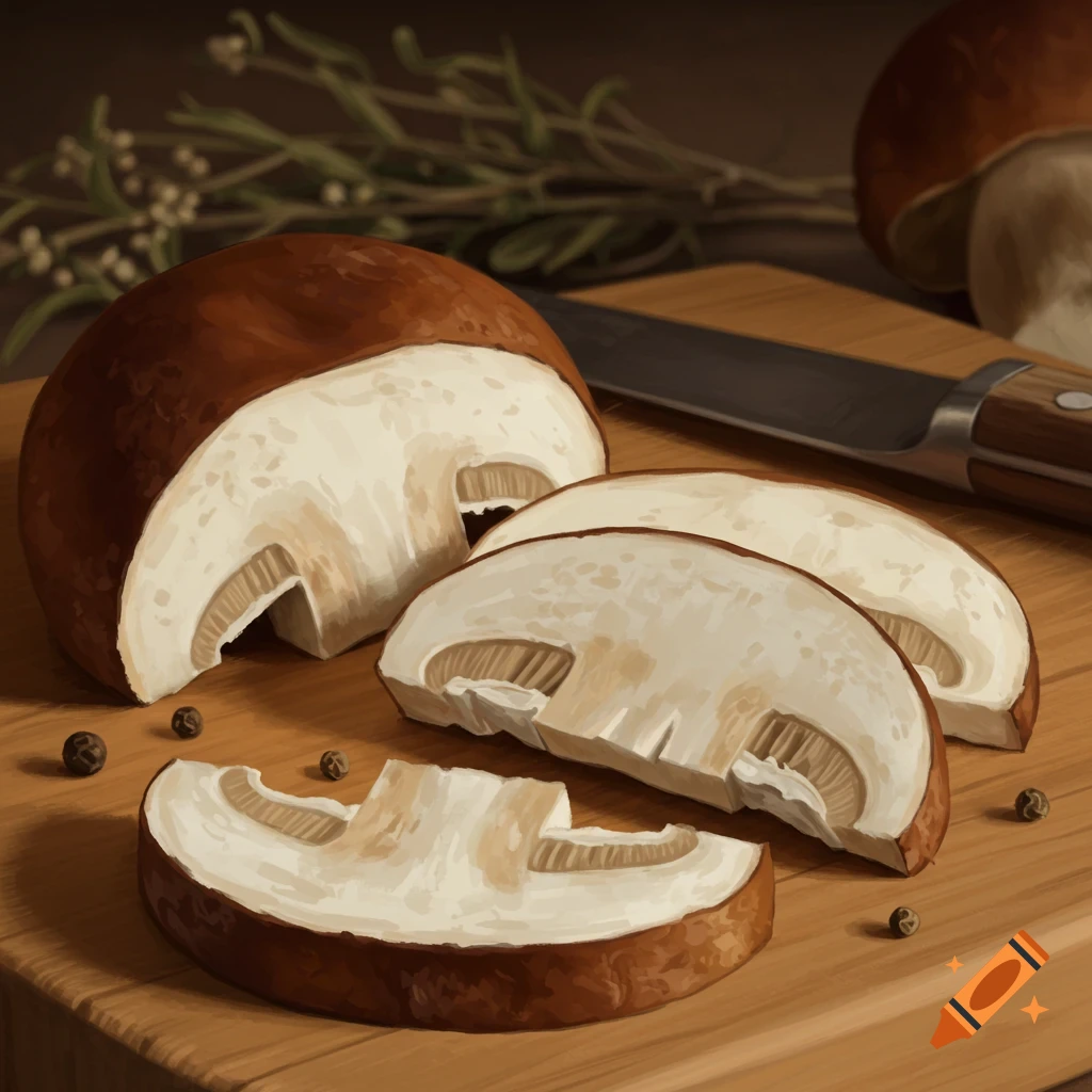 Sliced and whole mushrooms, peppercorns, and a knife on a wooden cutting board with herbs in a painted style.