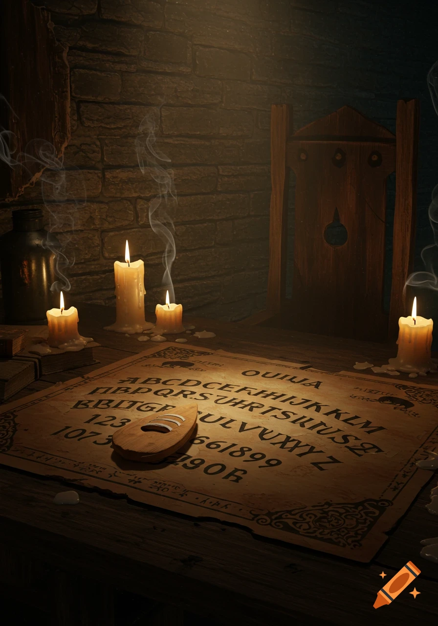 A Ouija board and planchette on a dark wooden table, surrounded by lit, smoky candles, with a brick wall and chair.