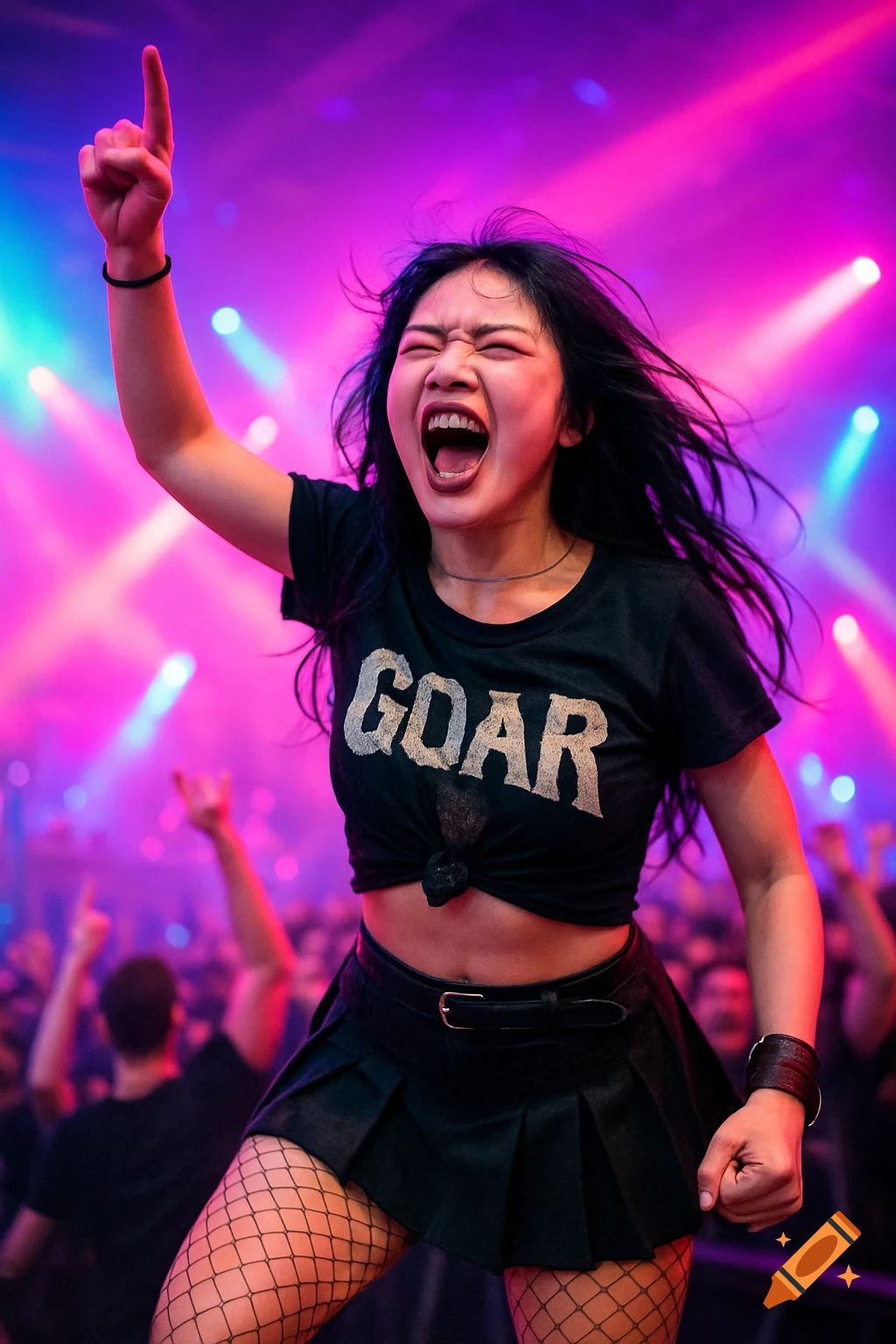 Young woman at a concert screams with excitement, pointing up, in a black 'GOAR' tee, mini skirt, and fishnets under neon lights.