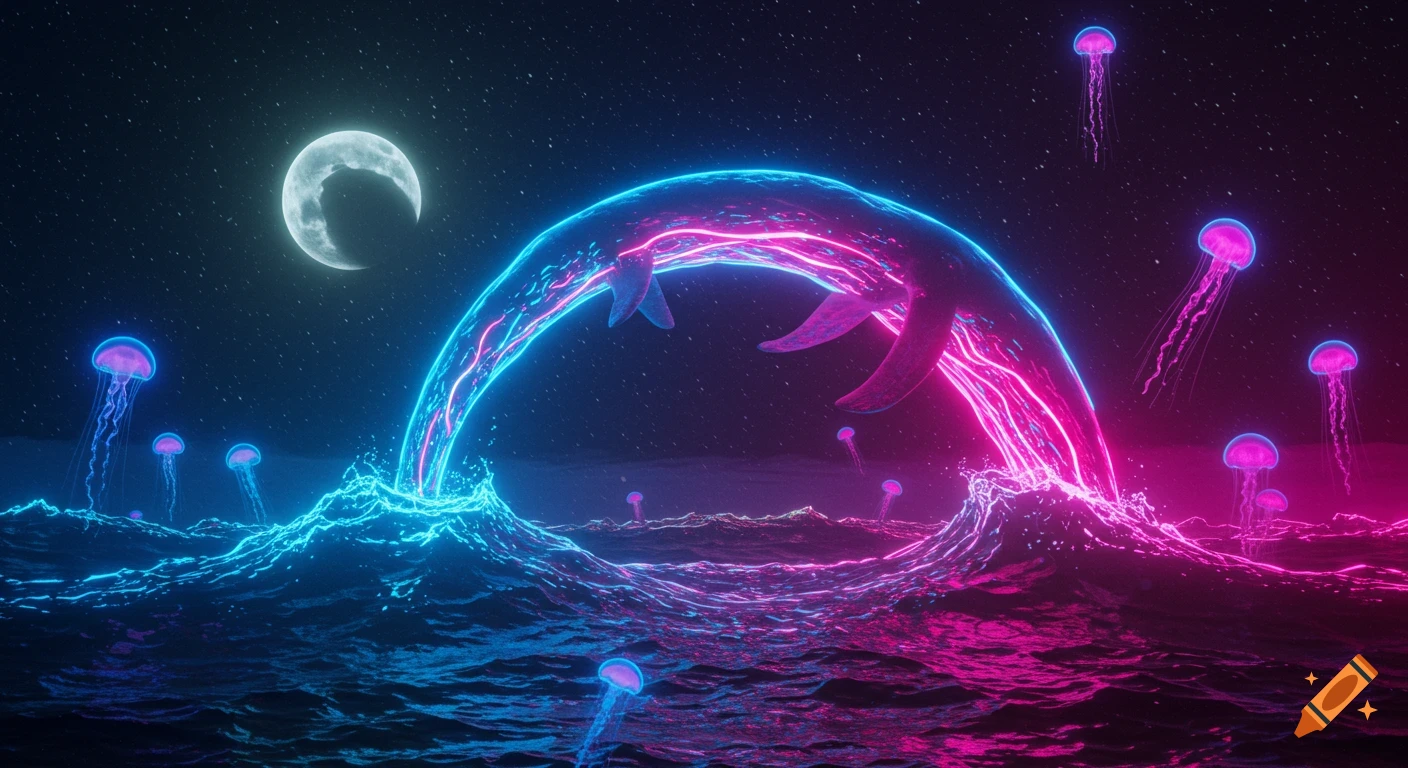 A vibrant neon whale arches over a glowing blue and pink ocean with bioluminescent jellyfish, under a starry night sky and crescent moon.