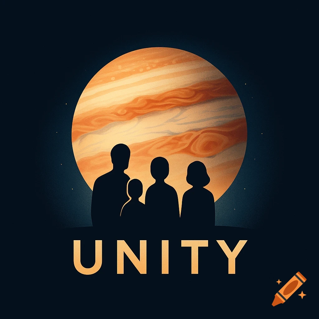Minimalist graphic illustration of four people's silhouettes in front of a large Jupiter planet, with the word 'UNITY' below them.