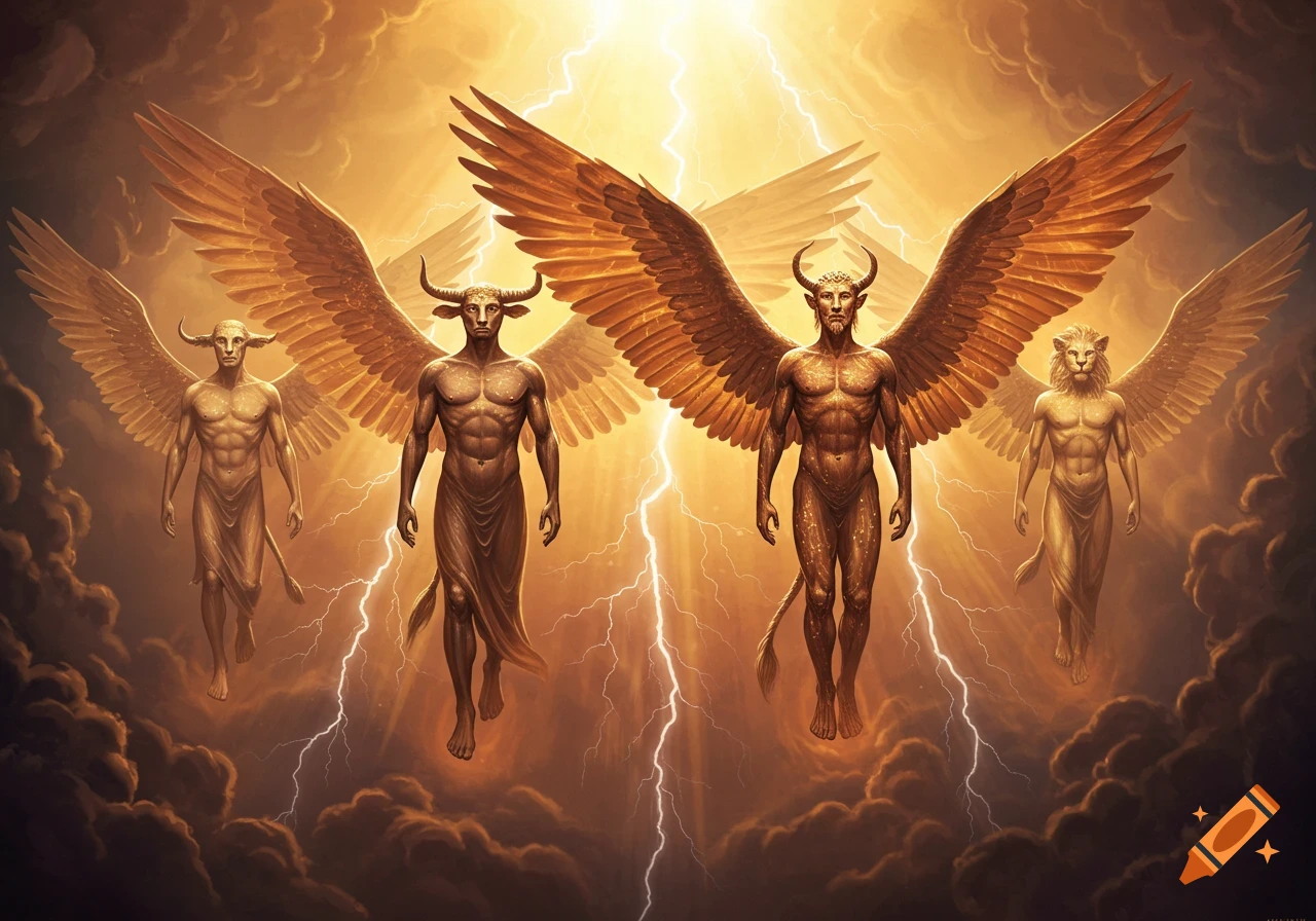 Four winged, muscular, humanoid creatures with animal heads (bull, demon, lion) descend through golden lightning-filled clouds in a dramatic, epic fantasy style.