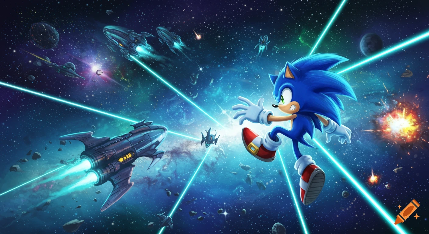 Sonic the Hedgehog fights alien spaceships in a vibrant space battle with laser beams and explosions, in a dynamic cartoon style.