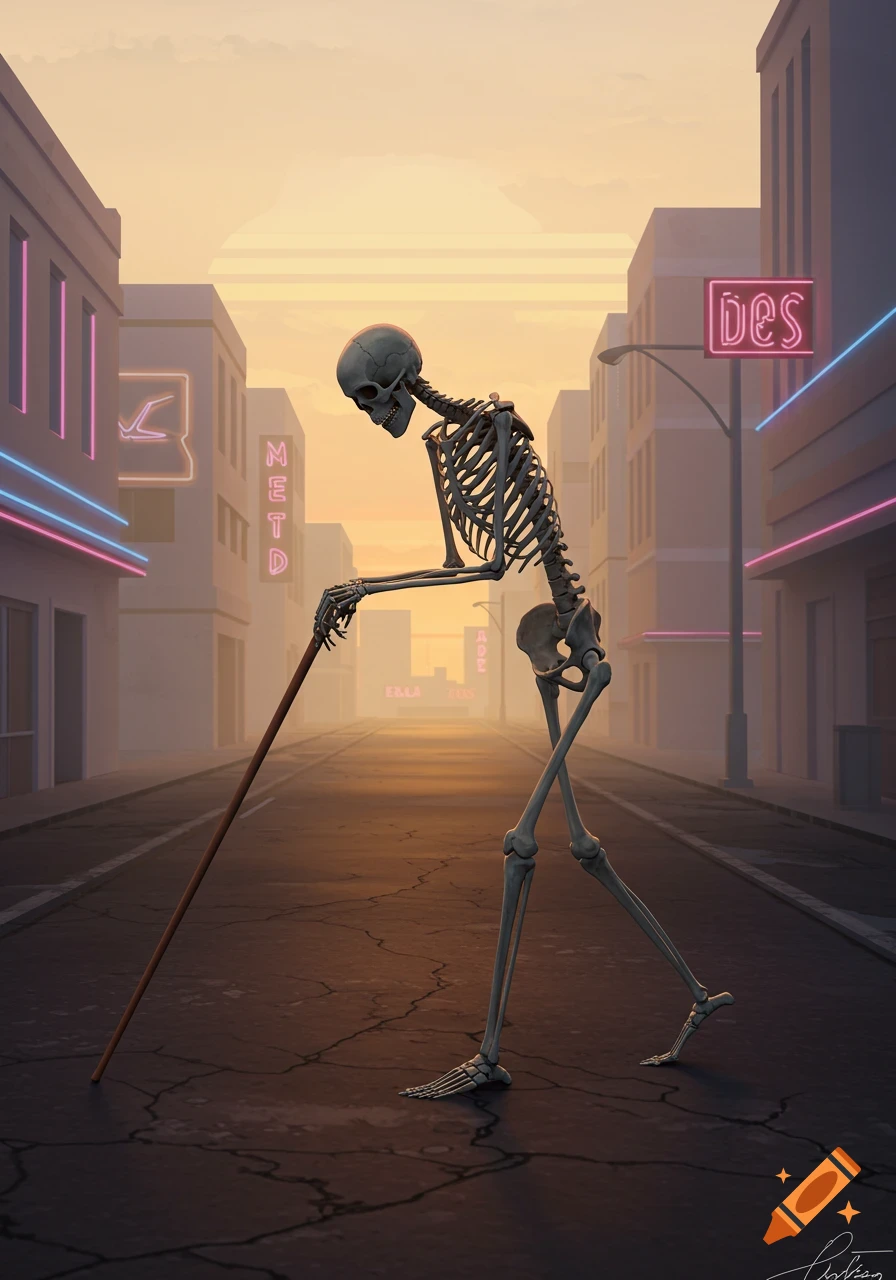 A stylized illustration of a skeleton walking with a cane down a misty 1980s-style city street with neon signs.
